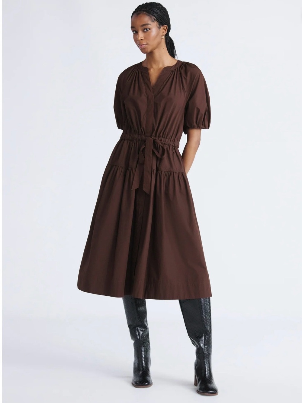 Tie-Waist Brown Midi Dress with Puff Sleeves